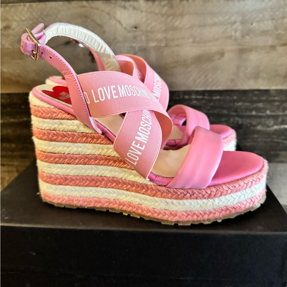 Moschino Pink Wedge Sandals with Criss-Cross Straps - Picture 1 of 7